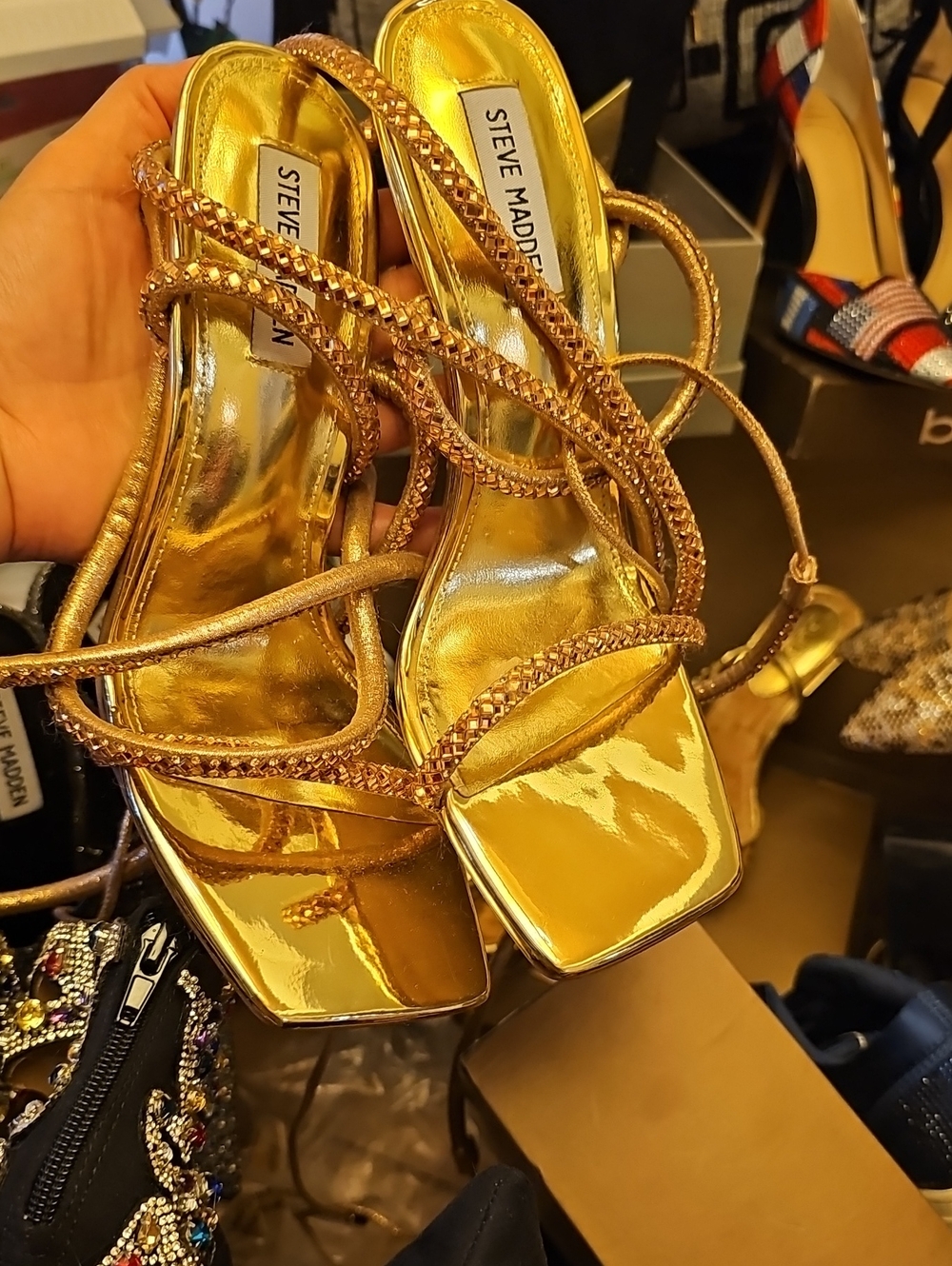 Steve Madden Metallic Gold Braided-Strap Heeled Sandals